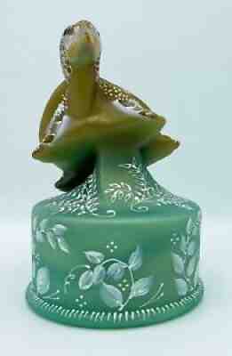 Fenton Art Glass OOAK Painted Jadeite Turtle Figurine on Fount by Robin Spindler