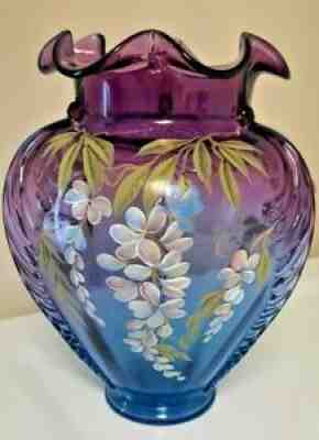 Vintage Huge Fenton Hand Painted Wisteria and Butterfly Mulberry Vase #170/1750