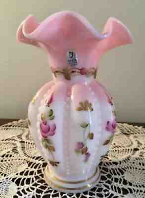 2002 Fenton ROSALENE Charleton Collection Hand Painted BEADED MELON Vase C2005