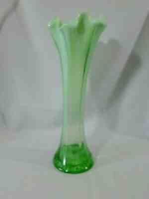 Vintage 12 inch Fenton Green Opalescent Stretch Swung Vase-loaded with opal!!