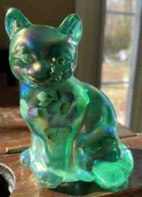Fenton Glass - Teal Green Carnival Sitting Cat - Mint - Hand Painted - Signed