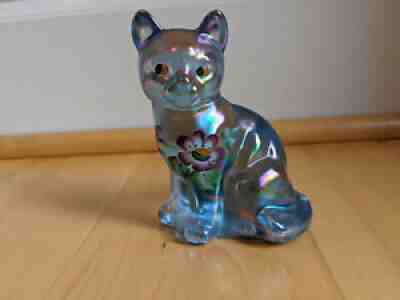 Fenton 3.75" Light Blue Carnival sitting cat hand painted flower and green eyes