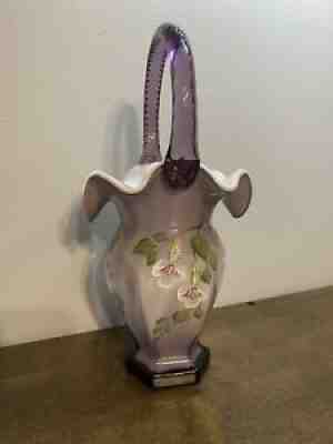Fenton Violet Purple Overlay hand painted glass Basket Family Signature Series
