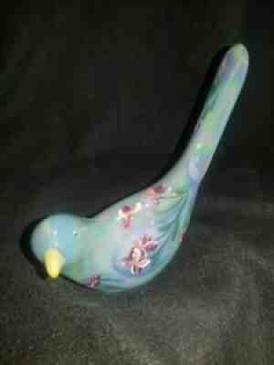 FENTON 2015 LE GSE OCEAN BLUE IRIDIZED HAPPINESS BIRD w PINK FLOWERS