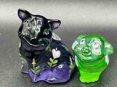 Fenton Set of 2 handpainted signed Pigs Purple apple green flowers figurines