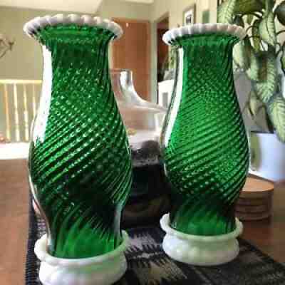 Vintage Fenton Glass Emerald Green Snow Crest Spiral Hurricane Candle Lamps