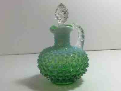 VINTAGE FENTON ART GLASS LIME GREEN OPALESCENT HOBNAIL CRUET