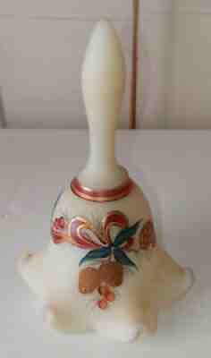 Fenton Ivory Satin Glass Christmas Bell - Golden Pine Cones Pattern - Signed