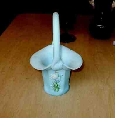 FENTON HAND PAINTED SIGNED Basket .Painted flower pattern. Burmese Blue.