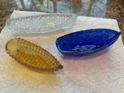 3 Vintage Fenton Daisy and Button Canoe Trinket Glass Amber Cobalt Clear