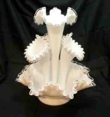 VINTAGE FENTON MILK GLASS SILVER CREST FOUR 4 HORN EPERGNE VASE CENTERPIECE