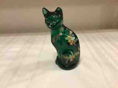 Fenton Cat Kitten 5065 EK Green Glass with Flowers