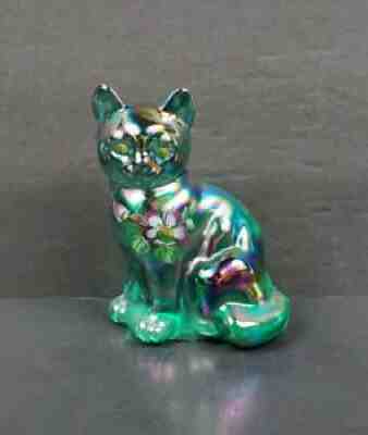 Fenton Iridized Carnival Spruce Green Sitting Cat Hand Painted EUC