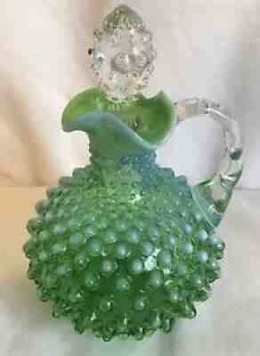 VINTAGE FENTON ART GLASS LIME GREEN OPALESCENT HOBNAIL CRUET