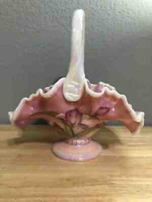 FENTON Pink Hand Painted Glass Basket (Legacy Collection) 95 Anniv Series