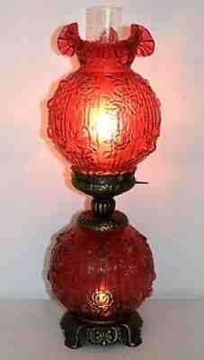 Large Vintage FENTON Cranberry Glass GWTW Cabbage Rose 3-Way Hurricane LAMP