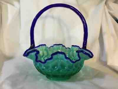 Fenton Willow Green Opal Thumbprint Basket with Cobalt Crest and Cobalt Handle