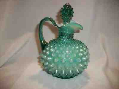 Fenton Spruce Green Iridized Overlay Hobnail Cruet with Stopper