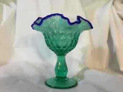 Fenton Willow Green Opal Thumbprint Compote with Cobalt Crest