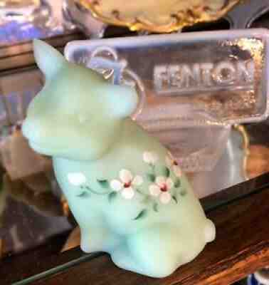 FENTON SEA FOAM GREEN PIG PAINTED FLOWERS P. LAUDERMAN EXCELLENT GORGEOUS