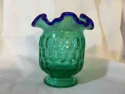Fenton Willow Green Opal Thumbprint Vase with Cobalt Crest