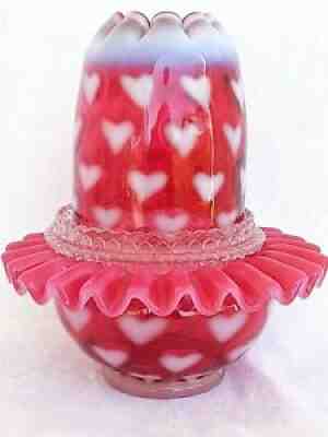 Fenton Cranberry Opalescent Heart Optic Fairy Lamp, Large 3 parts