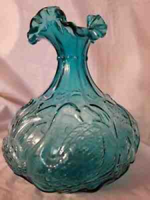 Fenton Embossed Swan 8'' Vase Aqua Excellent