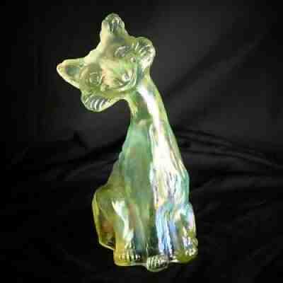 Vaseline Glass Fenton Large Winking Alley Cat, Yellow Iridescent Uranium Glass