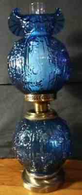 Blue Fenton Glass Cabbage Rose 3 piece Table Lamp 24