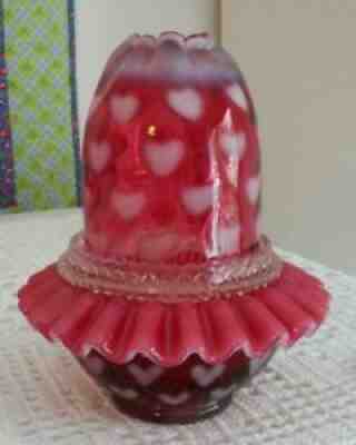 FENTON ART GLASS 3 PC. CRANBERRY HEART OPTIC FAIRY LAMP 1996