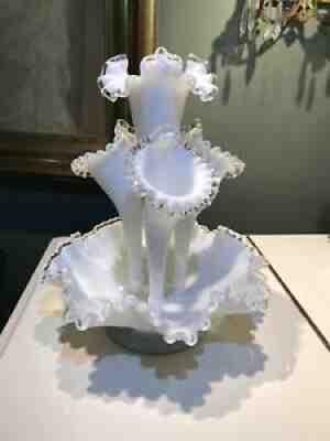 Fenton Vintage Epergne Silver Crest AB 354 Original Foil Label 4 Horn Rare Minty