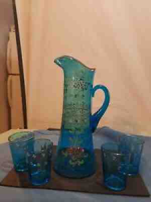 Antique Fenton Enameled Blue Tankard W/4 Tumblers Lemonade/Water Set circa 1914