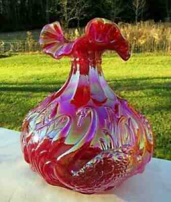 Fenton Red Carnival Glass SWAN Vase 8.25"H x 7.25"W