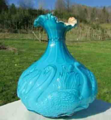 Fenton Glass Blue Azure Glossy Glass SWAN & Cattails Vase 8.25"H x 7.25"W