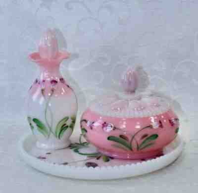 Fenton, Dresser Set, Rosalene Glass, Limited Edition, Hand Decorated.