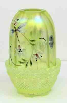 Fenton Trailing Lily Vaseline Glass Uranium Fairy Lamp - Signed S. Bryan