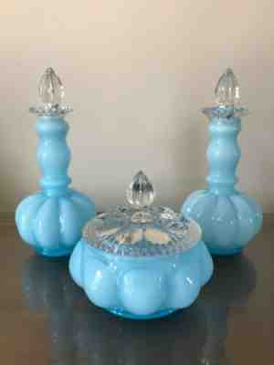 Fenton handpainted beaded blue overlay powder shops jar jewery box