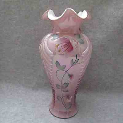 Fenton Glass Heart Rosalene Hand Painted Ruffled Edge Attached 