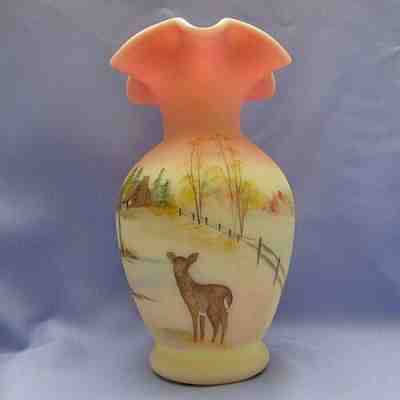 Fenton burmese glass vase ooak hand painted by louise piper 1979