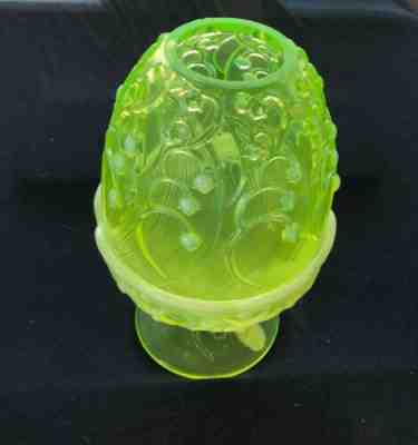 FENTON VASELINE GLASS LILLY OF THE VALLEY TOPAZ FAIRY LAMP TEALIGHT WITH LABEL