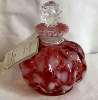 FENTON ART GLASS CRANBERRY OPALESCENT OPTIC HEART PERFUME BOTTLE