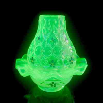 Fenton Green Uranium Vaseline Glass Fairy Lamp Hand Painted UV Glow Signed RARE