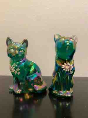 Fenton Spruce Green Carnival Cats (Curious & Sitting) artist signed, numbered