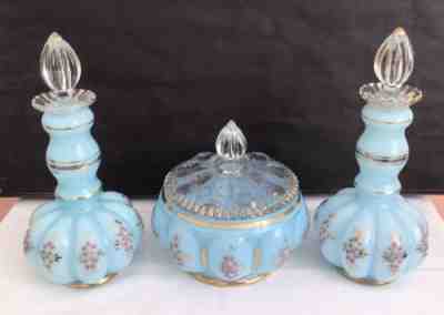 Fenton handpainted beaded blue overlay powder shops jar jewery box