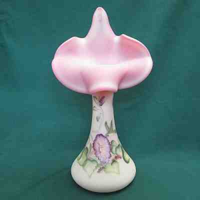 Fenton Glass Vase Burmese Jack in Pulpit Limited Edition #1173 Painted Signed