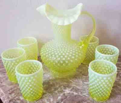 Fenton Vaseline Opalescent Glass Hobnail Water Set 7 Pc - Original Vintage USA