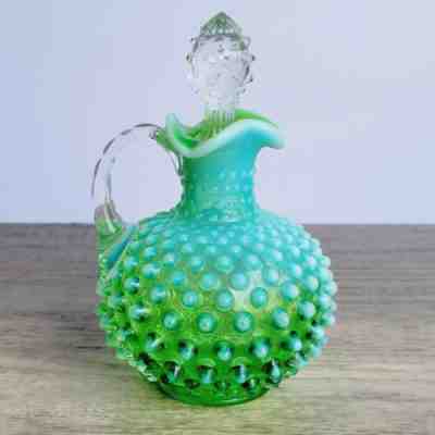 VINTAGE FENTON ART GLASS LIME GREEN OPALESCENT HOBNAIL CRUET