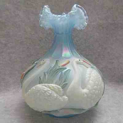 Fenton Glass Blue Iridescent Swan Vase Hand Painted Signed with Silver Crest