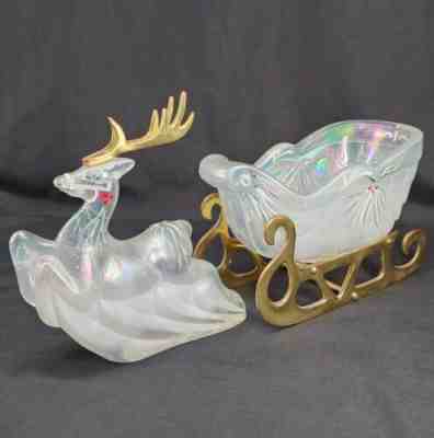 FENTON ART GLASS 1999 FRENCH OPALESCENT WOODLAND FROST REINDEER & SLEIGH W/BRASS