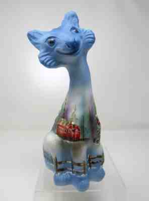 Fenton Rare HP Blue Satin Sitting Cat with Purple and White